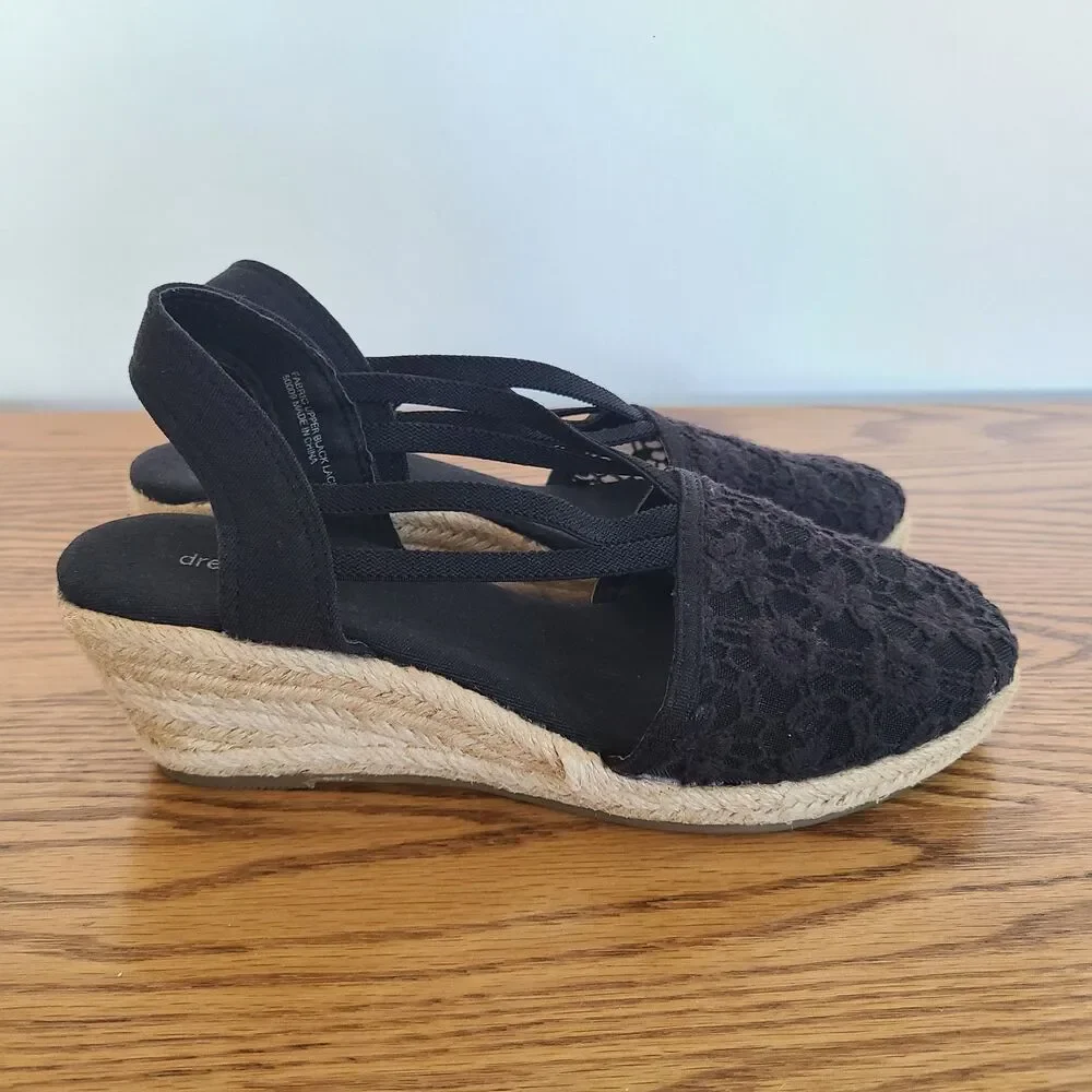 Dressbarn Taylor Black Lace Jute Heel Espadrille Wedge Sandals Size 8